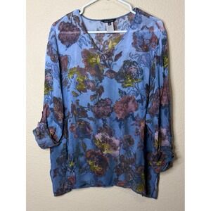 John Mark Floral Roll Tab Sleeve Blouse Large Blue Watercolor